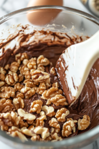 This image shows chopped walnuts being folded into the thick chocolate brownie batter, adding a nutty crunch.