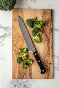 This image shows fresh broccoli being chopped into bite-sized florets, ready to be tossed in the creamy salad mixture.