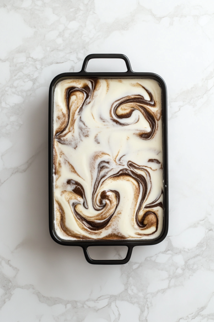 fresh-cinnamon-roll-cake-drizzled-with-glaze-on-white-marble