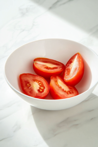 This image shows four fresh tomato wedges neatly arranged in a white bowl, the juiciness catching the light just right.