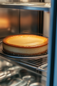 This image shows the baked cheesecake resting in the refrigerator, chilling until fully set and cold.
