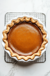 This image shows the pie resting on a wire rack, cooling down to room temperature to help the filling firm up and enhance its flavor.
