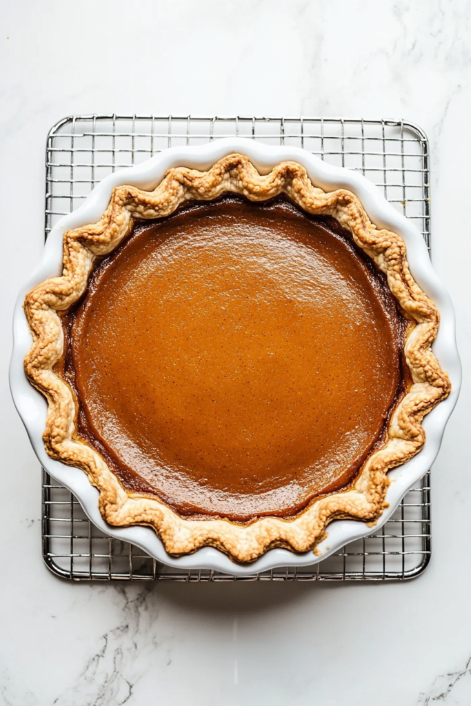 This image shows the pie resting on a wire rack, cooling down to room temperature to help the filling firm up and enhance its flavor.