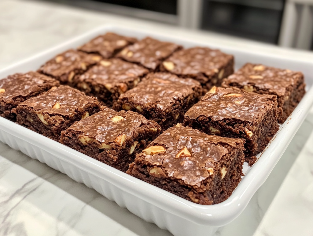 This image shows brownies cut into perfect square shapes in a baking tray, infused with crunchy nuts and a rich chocolatey texture.