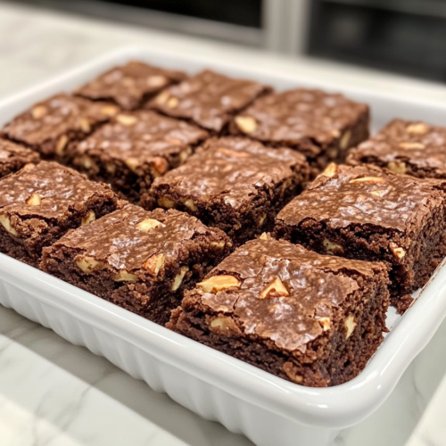 This image shows brownies cut into perfect square shapes in a baking tray, infused with crunchy nuts and a rich chocolatey texture.