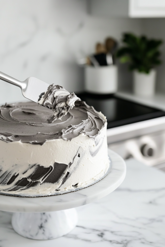This image shows the cake being frosted with dark and light gray buttercream using a metal offset spatula on a cake turntable over a white marble surface.
