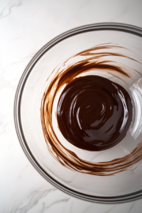 This image shows large brown eggs and vanilla extract added to the cocoa, sugar, and oil mixture in a clear glass bowl on a white marble countertop.