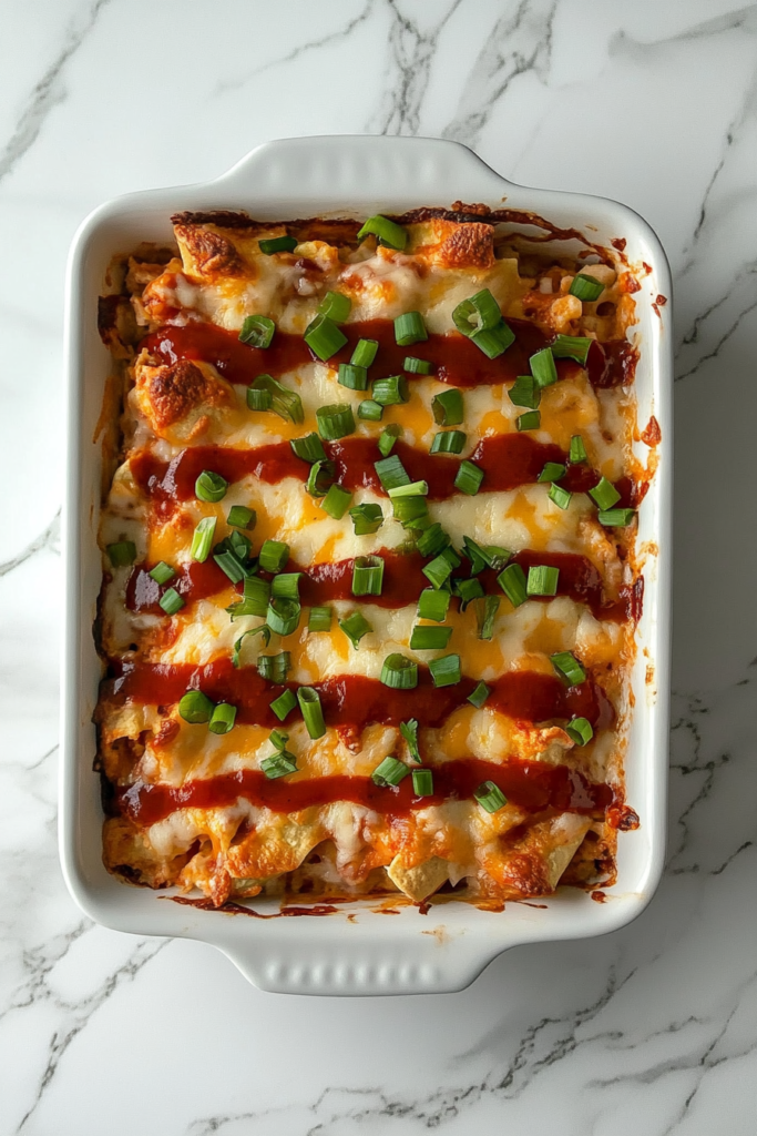 This image shows the baked casserole being topped with optional garnishes like shredded cheese, chopped tomatoes, avocado slices, and green onion for a burst of color and flavor.