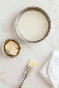 This image shows hands greasing round cake pans with butter to ensure an even bake and smooth release once the cake is done.
