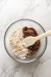 This image shows the brownie batter being mixed gently just until all ingredients are combined, ensuring a tender texture.