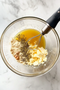 This image shows a large glass bowl containing cake mix, brewed tea, tea leaves, eggs, and vegetable oil being mixed with a silver electric hand mixer on a clean white marble cooktop.