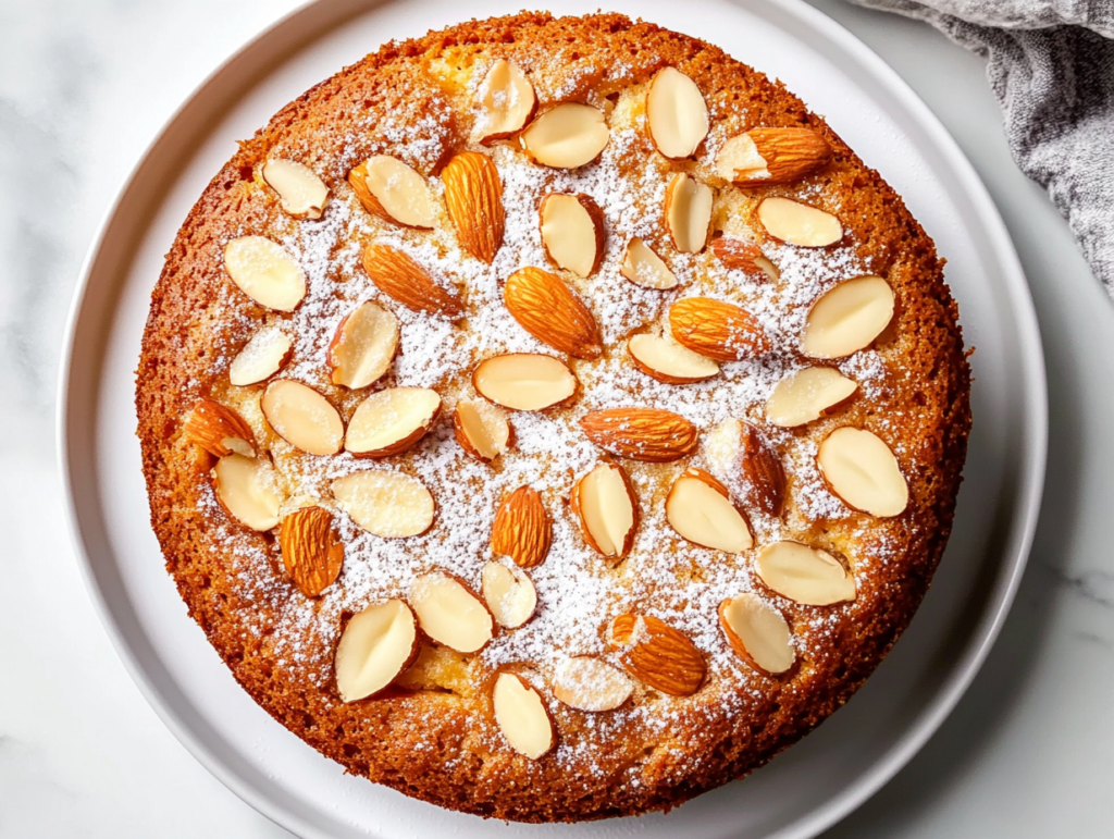 this image shows Almond apple cake baked to golden-brown perfection, generously dusted with powdered sugar and topped with chopped almonds for a rustic, homemade finish.