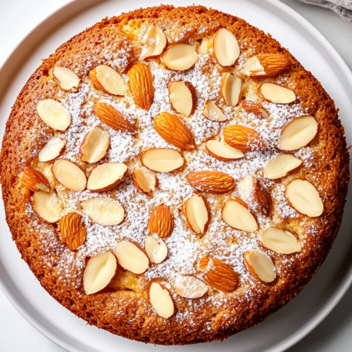 this image shows Almond apple cake baked to golden-brown perfection, generously dusted with powdered sugar and topped with chopped almonds for a rustic, homemade finish.