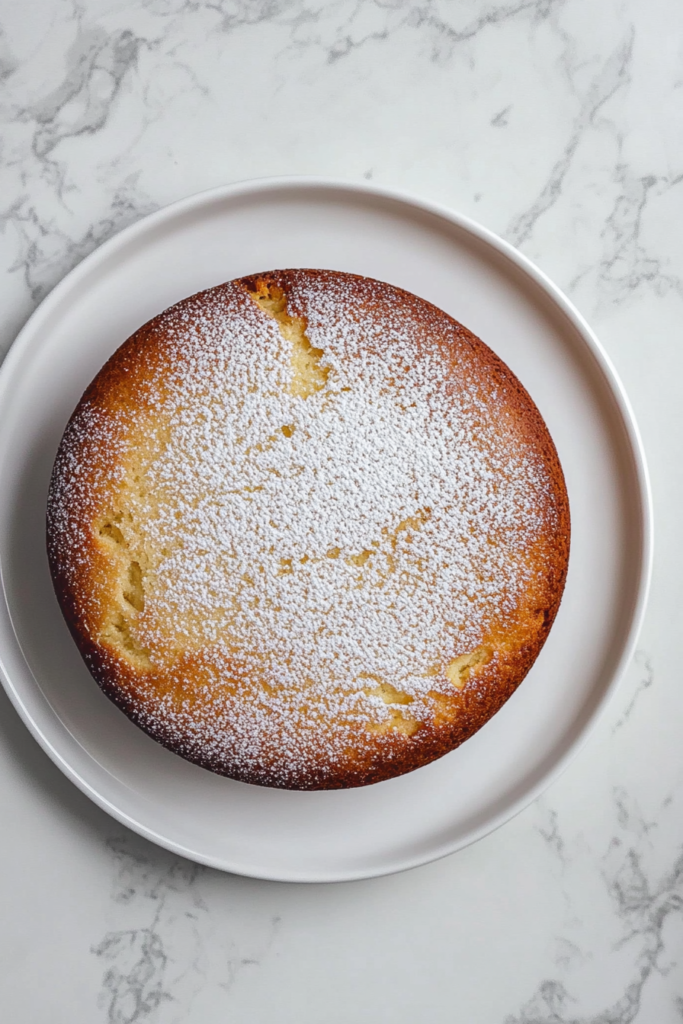Top-down view of a golden brown cake bread with a dusting of powdered sugar on top, placed on a white ceramic plate over a clean white marble surface.