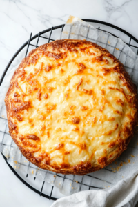 This image shows a freshly baked round cheese bread with a golden, crispy crown of melted Colby cheese, cooling on a black wire rack placed on a clean white marble countertop. The loaf is rustic and deeply golden, with a bubbly, cheesy texture on top, resting near its parchment baking paper.
