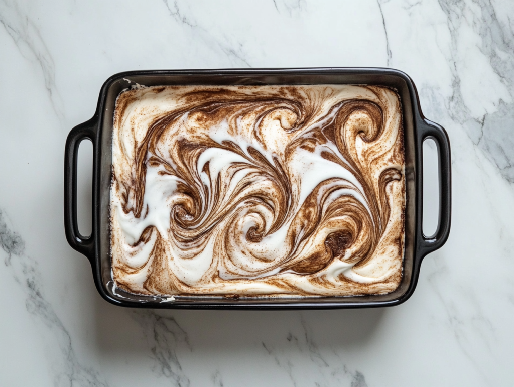 This image shows a top-down view of a baked cinnamon roll cake in a black rectangular pan, topped with glaze, over a white marble countertop.