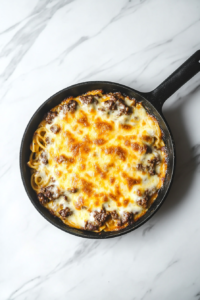 This image shows the cheeseburger pasta just out of the oven, with a bubbly golden cheese layer on top, in a black skillet resting on the white marble cooktop.