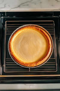 This image shows a cheesecake baking in the oven with a firm center and lightly golden, slightly raised edges.