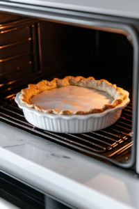 This image shows the pie continuing to bake in the oven at a reduced temperature, allowing the filling to gently set without cracking.