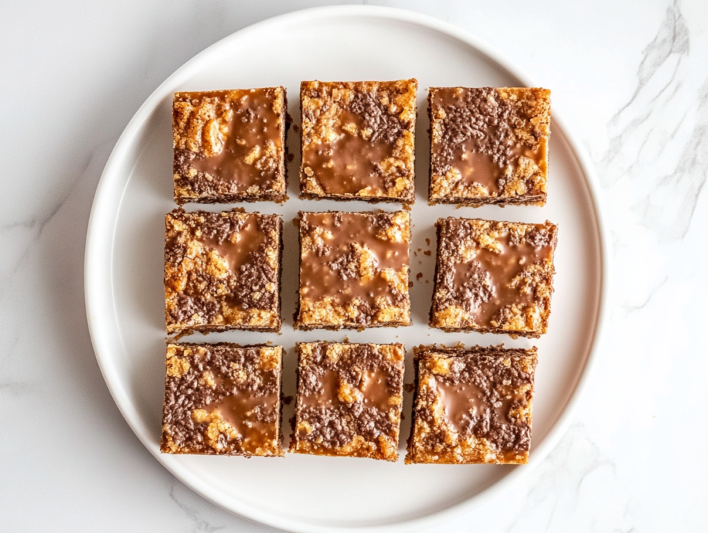 This image shows freshly sliced cake mix toffee bars neatly arranged on a white ceramic platter. The golden brown top layer with melted chocolate toffee bits is visible. Captured from a top-down angle on a white marble countertop with a clean background.