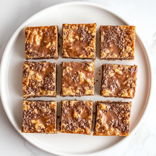 This image shows freshly sliced cake mix toffee bars neatly arranged on a white ceramic platter. The golden brown top layer with melted chocolate toffee bits is visible. Captured from a top-down angle on a white marble countertop with a clean background.