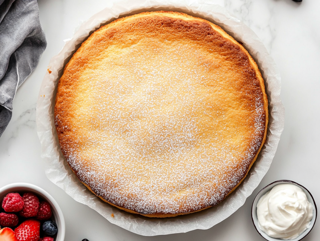This image shows a top-down view of a golden-brown yogurt cake dusted with powdered sugar and served with a dollop of sweetened Greek yogurt and fresh fruit, all placed on a white marble countertop for a clean and elegant presentation.