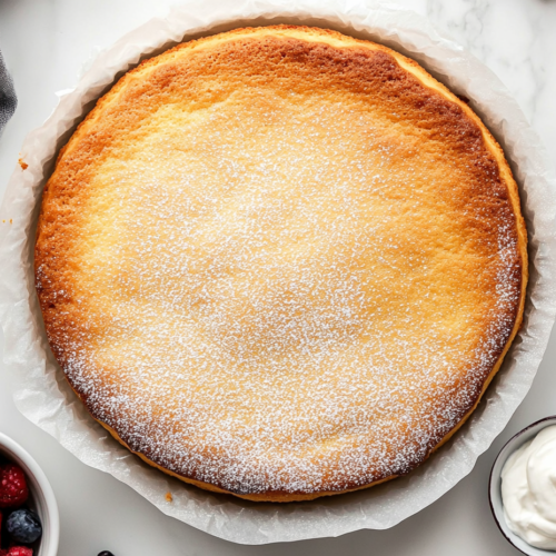 This image shows a top-down view of a golden-brown yogurt cake dusted with powdered sugar and served with a dollop of sweetened Greek yogurt and fresh fruit, all placed on a white marble countertop for a clean and elegant presentation.