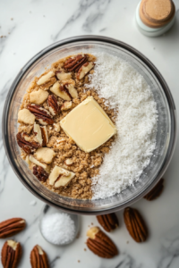 This image shows a buttery graham cracker crust being pressed evenly into a baking dish and baked to golden perfection, forming the base of the pina colada pie.