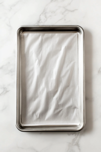 This image shows a greased and parchment-lined 12×17-inch stainless steel baking sheet resting on a clean white marble countertop, ready for cake batter.
