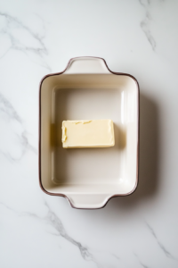 This image shows a 9x13-inch ceramic baking dish being greased with a stick of butter over a white marble countertop. The setup is clean and minimal, captured from a top-down perspective.