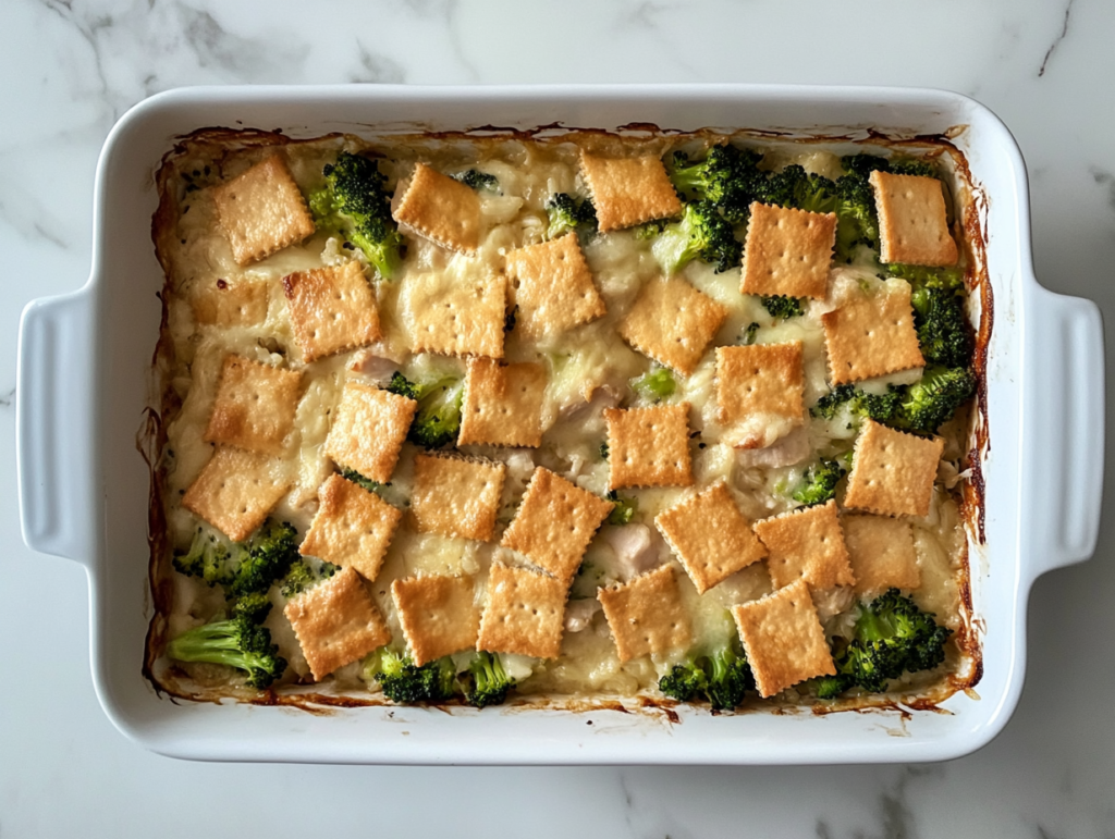 This image shows a golden, cheesy Chicken Broccoli Rice Casserole in a white ceramic baking dish placed on a clean white marble countertop.