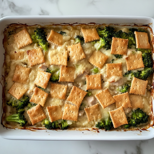 This image shows a golden, cheesy Chicken Broccoli Rice Casserole in a white ceramic baking dish placed on a clean white marble countertop.