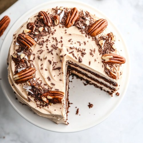 This image shows a beautiful heaven cake on a round white ceramic plate, a slice cut to reveal its creamy layers, topped with white whipped cream, chopped pecans, and a generous dusting of grated chocolate.