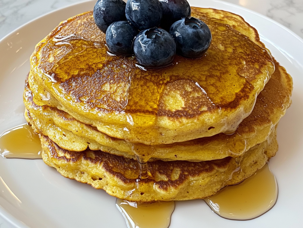 This image shows a homemade golden brown pancake on a round white plate, drizzled with rich maple syrup and topped with plump, fresh blueberries.