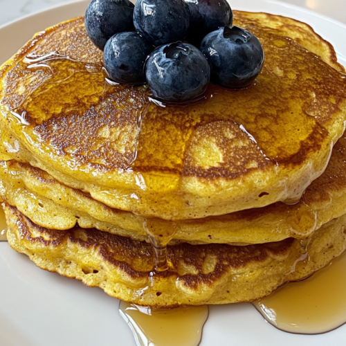 This image shows a homemade golden brown pancake on a round white plate, drizzled with rich maple syrup and topped with plump, fresh blueberries.
