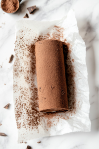 This image shows the baked cake layer flipped onto the cocoa-dusted towel with parchment peeled off, ready to be rolled.