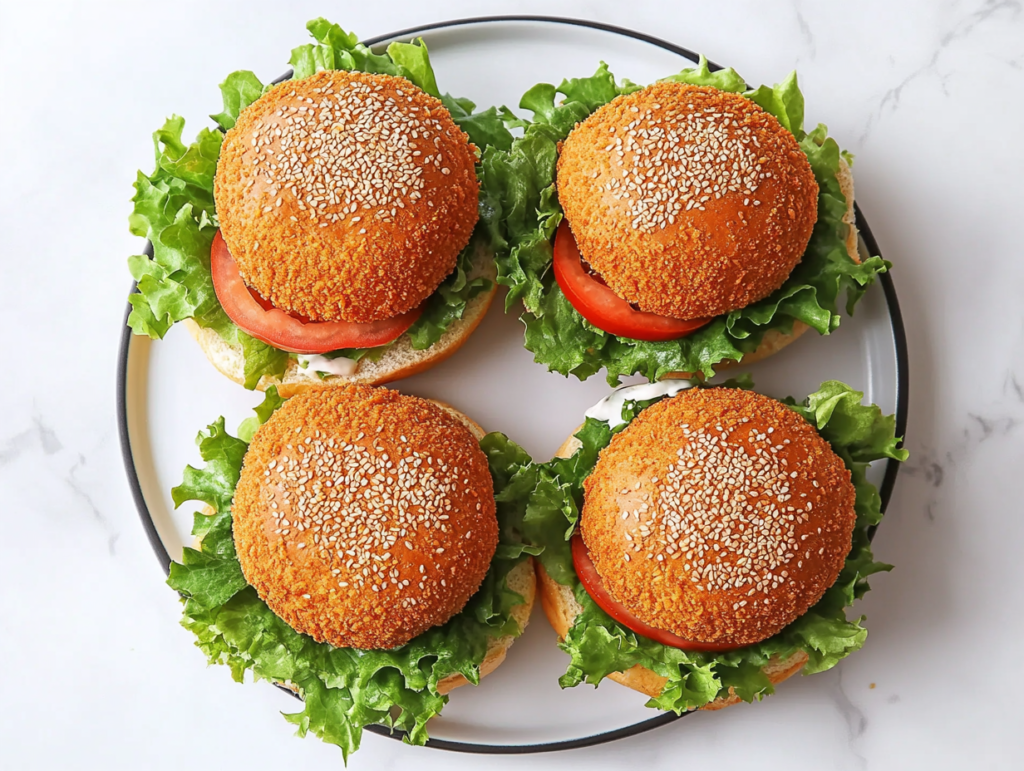 This image shows a top-down view of a juicy chicken burger with lettuce, tomato, and mayo, placed on a white marble countertop with no background clutter.