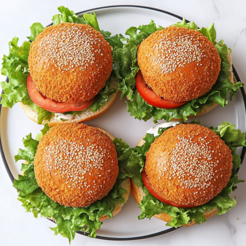 This image shows a top-down view of a juicy chicken burger with lettuce, tomato, and mayo, placed on a white marble countertop with no background clutter.