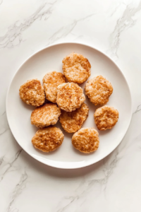 This image shows freshly cooked chicken patties on a white plate, ready to serve, placed on a white marble surface.
