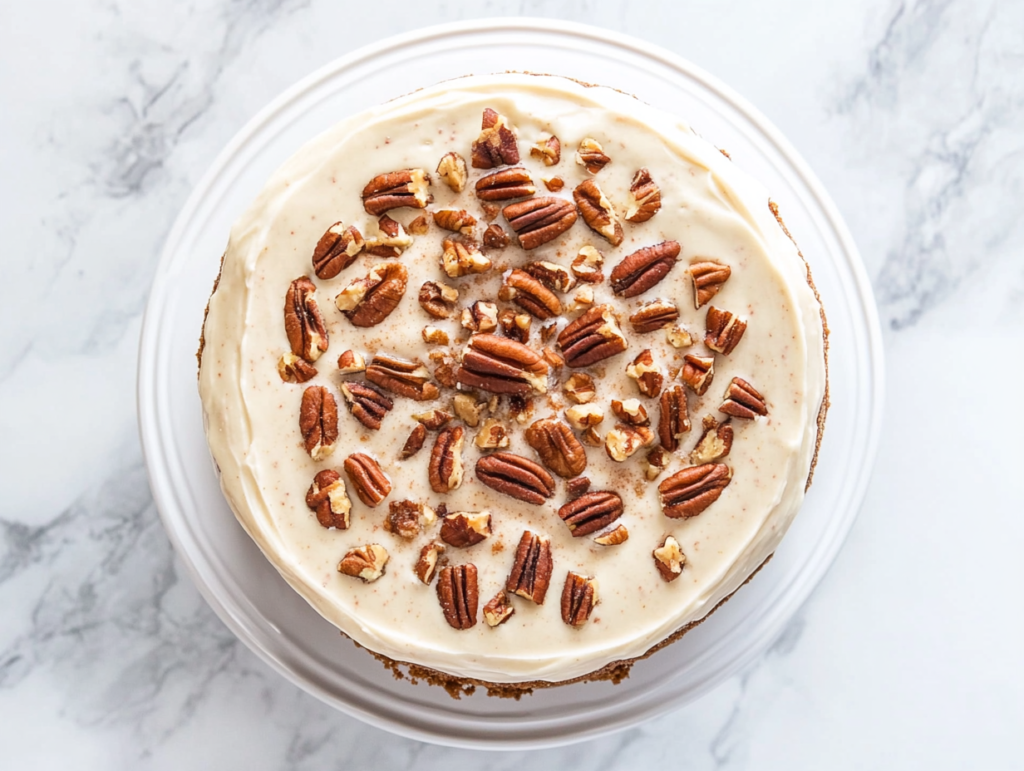 This image shows a round keto carrot cake crowned with smooth white cream cheese frosting and garnished with chopped pecans for a rich, nutty finish.