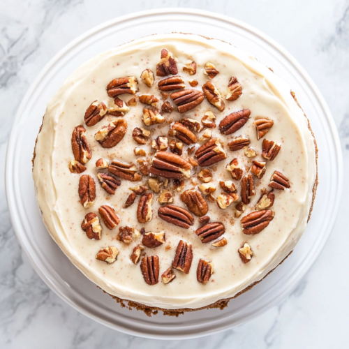 This image shows a round keto carrot cake crowned with smooth white cream cheese frosting and garnished with chopped pecans for a rich, nutty finish.