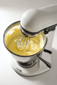lemon-cheesecake-filling-being-whisked-until-thick-and-creamy-in-glass-mixing-bowl-on-table