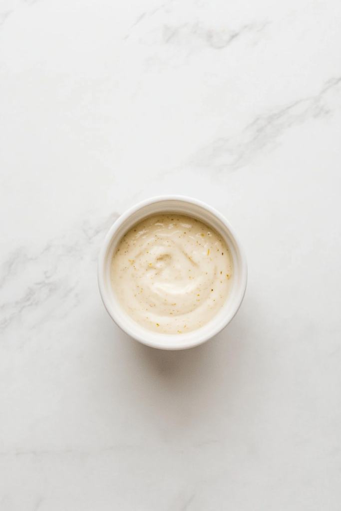 This image shows the prepared lemon garlic aioli being chilled in the refrigerator, allowing the flavors to meld and the texture to set before serving.