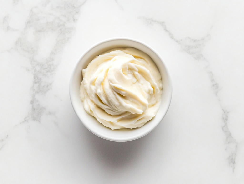 This image shows a beautifully creamy lemon garlic aioli served in a round white bowl, its smooth texture and pale color highlighting the rich and tangy flavors within.