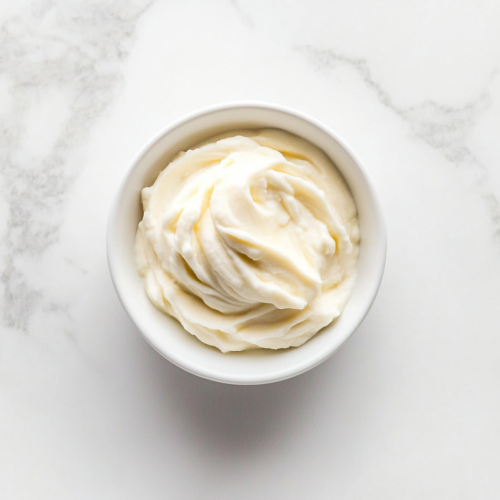 This image shows a beautifully creamy lemon garlic aioli served in a round white bowl, its smooth texture and pale color highlighting the rich and tangy flavors within.