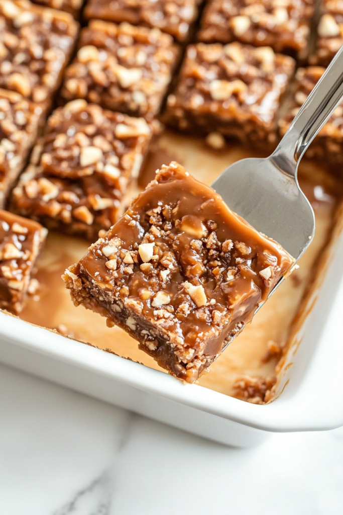 This image shows a silver spatula lifting a gooey slice of toffee bar from the ceramic baking dish. The golden top and melted toffee bits are visible. Captured on a clean white marble background.
