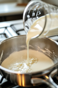 This image shows milk being poured into a flour-butter mixture in a stainless steel saucepan on a white marble cooktop, with a whisk stirring and a clear measuring cup of milk in view.