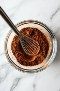 This image shows almond flour, baking powder, and warm spices being whisked together in a bowl, creating the dry ingredient blend for the cake.