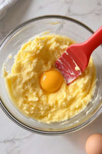 This image shows yellow cake mix, a cracked egg, and melted butter being stirred together in a clear glass bowl using a red silicone spatula. The bowl rests on a clean white marble countertop.