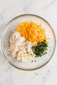 This image shows a glass mixing bowl containing cooked chicken, cream cheese, shredded cheddar, minced garlic, onion powder, black pepper, and chopped parsley on a white marble cooktop.